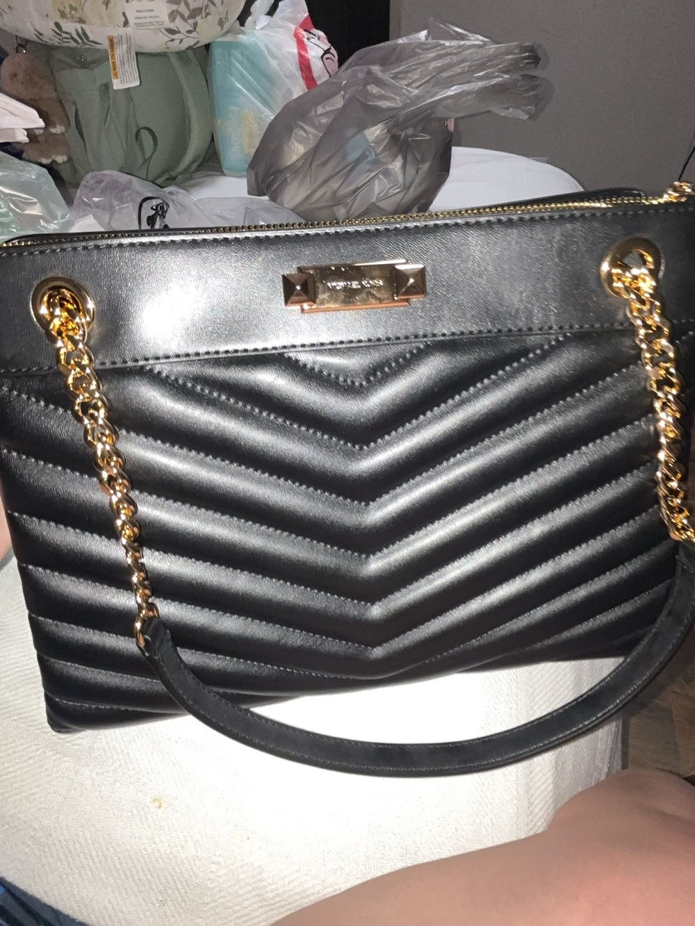 Michael Kors Black Quilted Chevron Tote with Gold Chain Straps